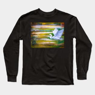 Snow egret flying over march Long Sleeve T-Shirt